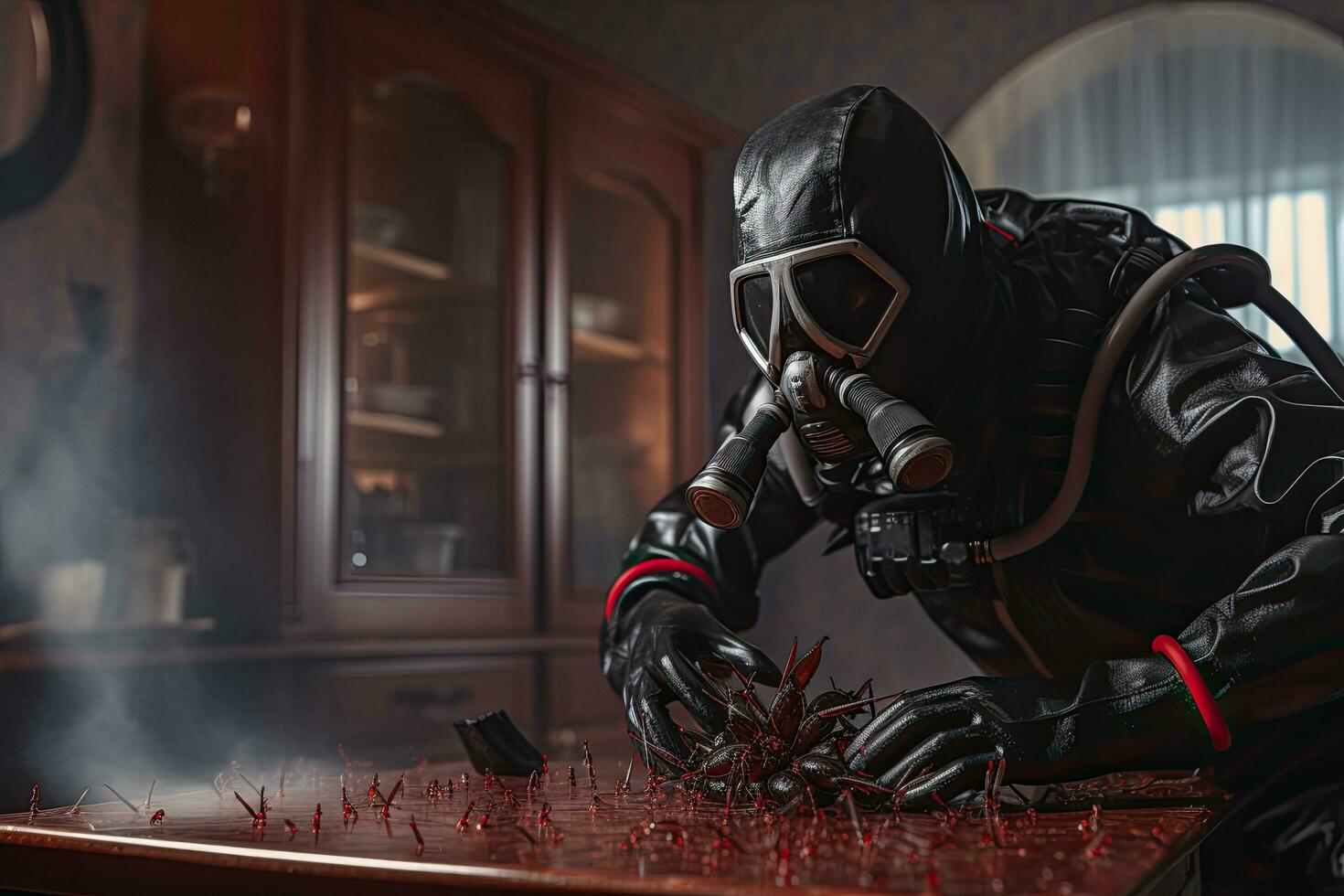 Spaceman in black suit and gas mask on the table, Pest control exterminator killing cockroaches inside house, AI Generated photo