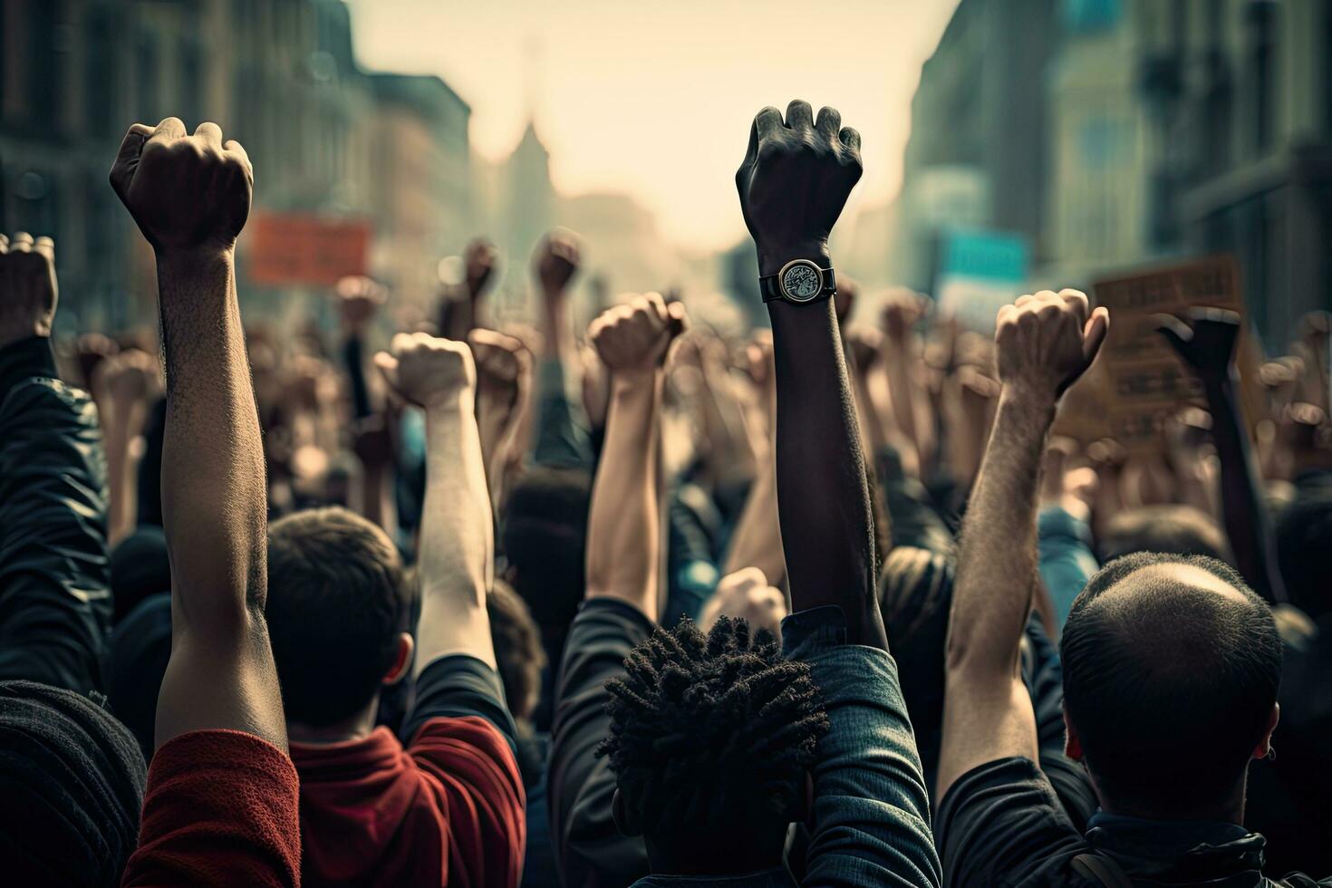 Pro Palestine manifestation held in Milan 2014. People took to the streets to claim  Gaza and Palestine freedom against israel war and bombing, People raised hand to Protest, AI Generated photo