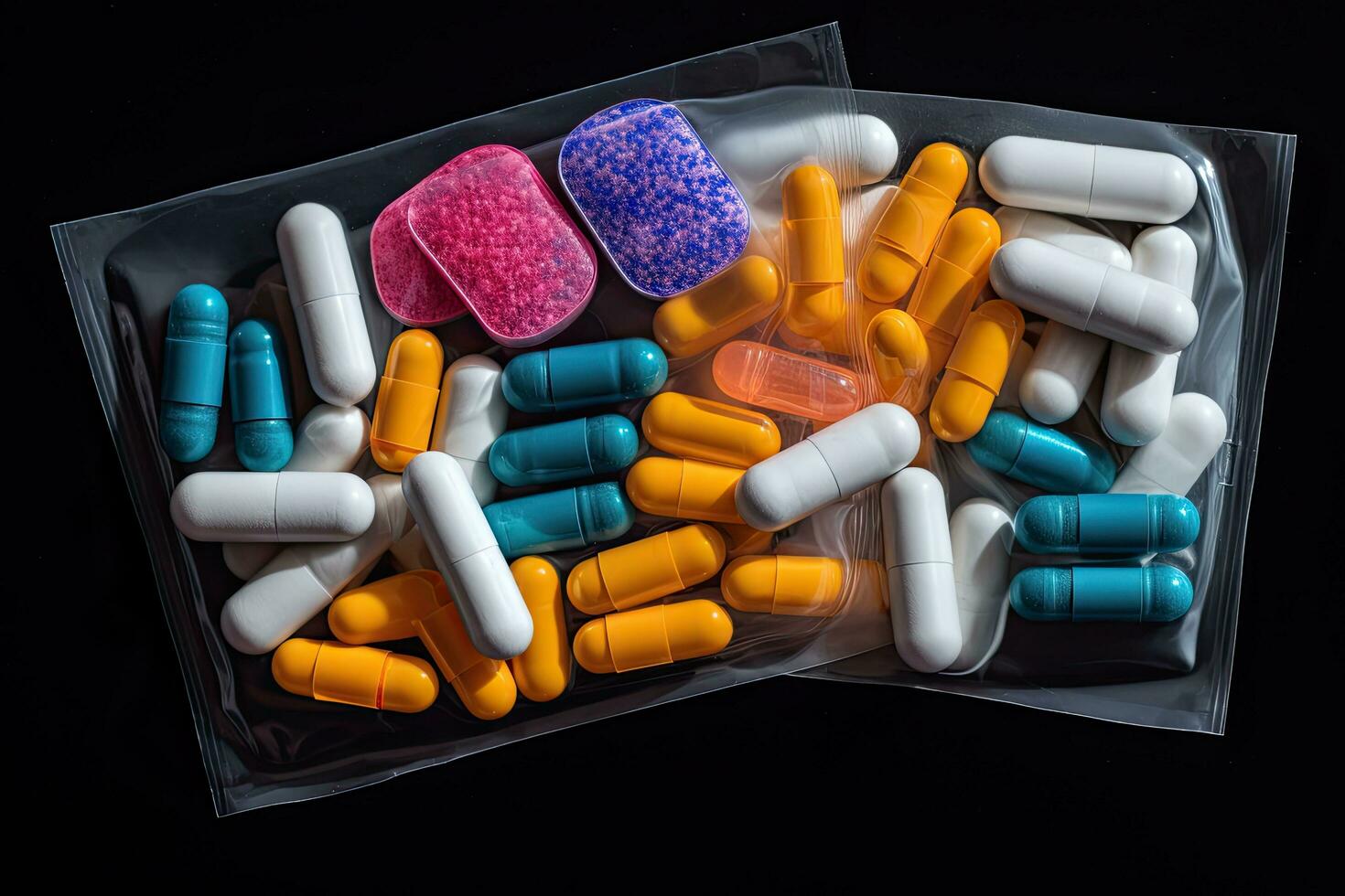 Colorful pills and capsules in plastic bag on black background, top view, Pile of colorful medicine pills and capsules in blister packs, AI Generated photo