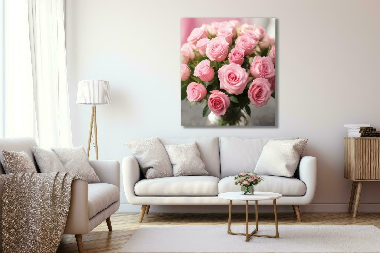 Interior of modern living room with white sofa and pink flowers. 3d render, petals rose collection pink roses vase table favorite blurred high large canvas australian wildflowers, AI Generated photo