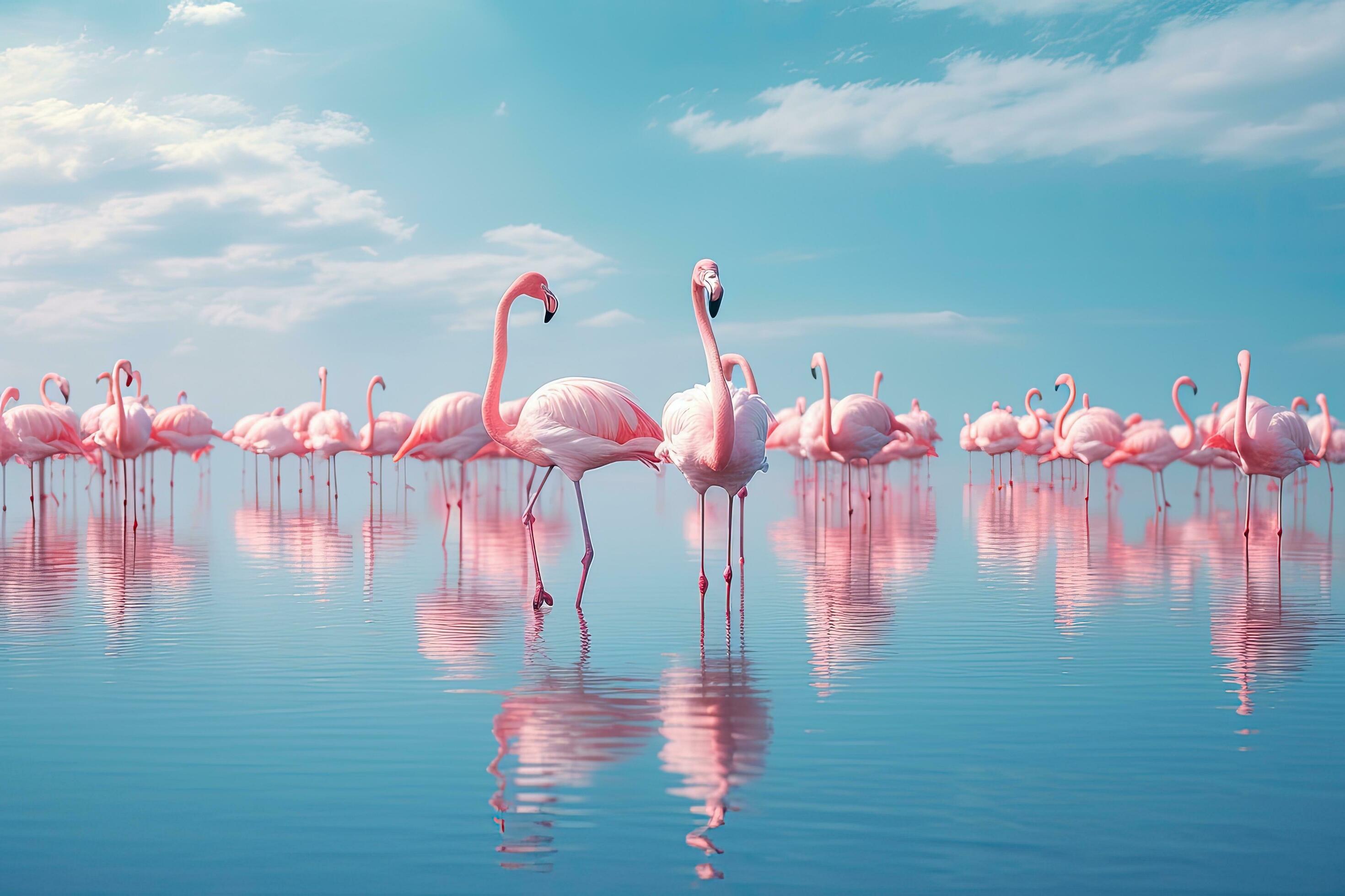 Flamingos in the lake at sunset. Pink flamingos on blue sky background, Group birds of pink