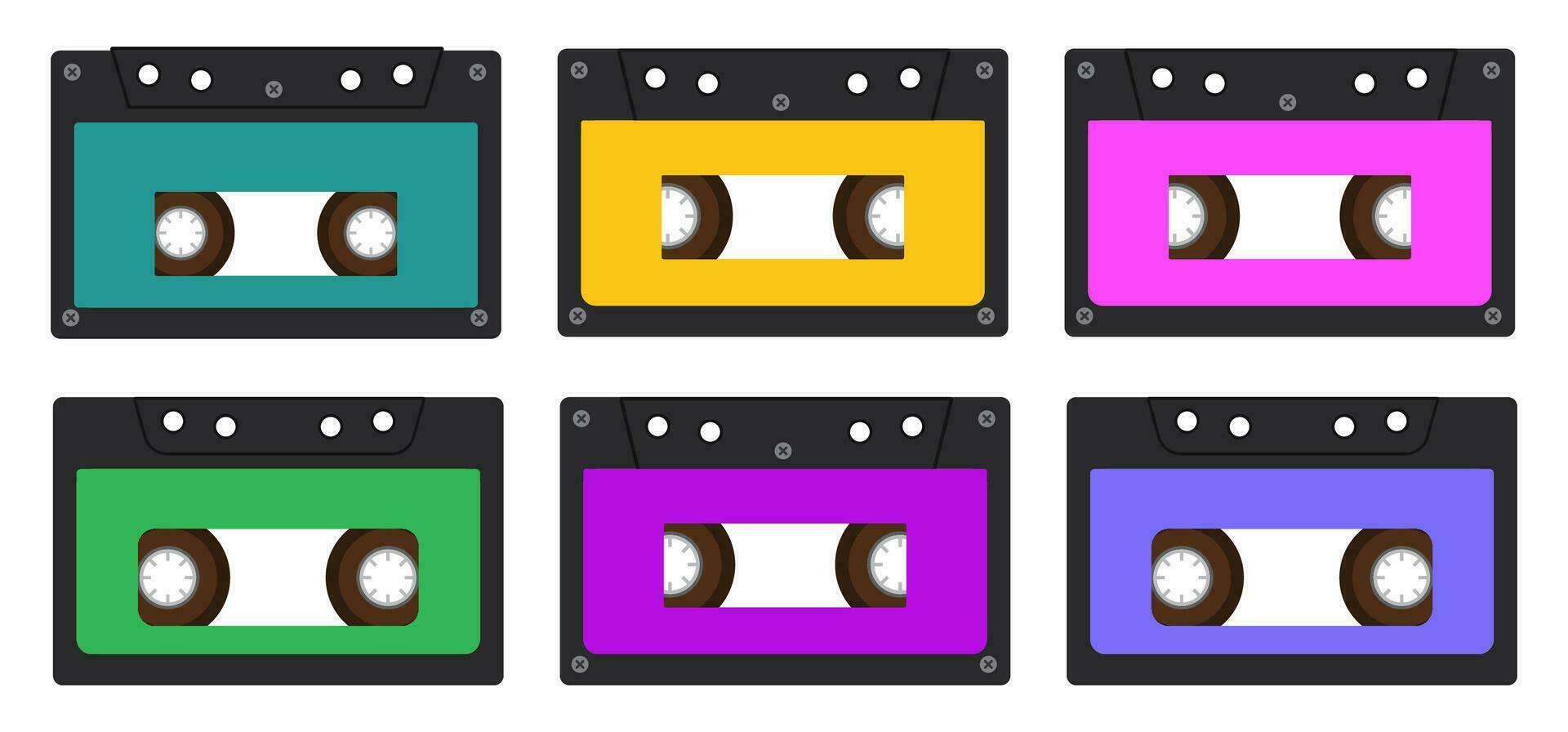 Cassette tapes from the 90s. Old-fashioned objects. A set of bright cassettes isolated on a white background. vector