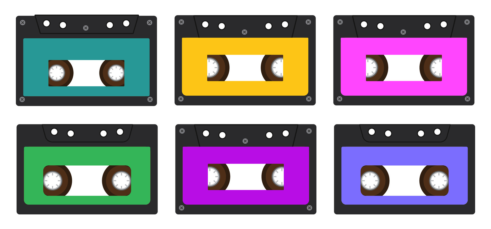 Cassette tapes from the 90s. Oldfashioned objects. A set of bright