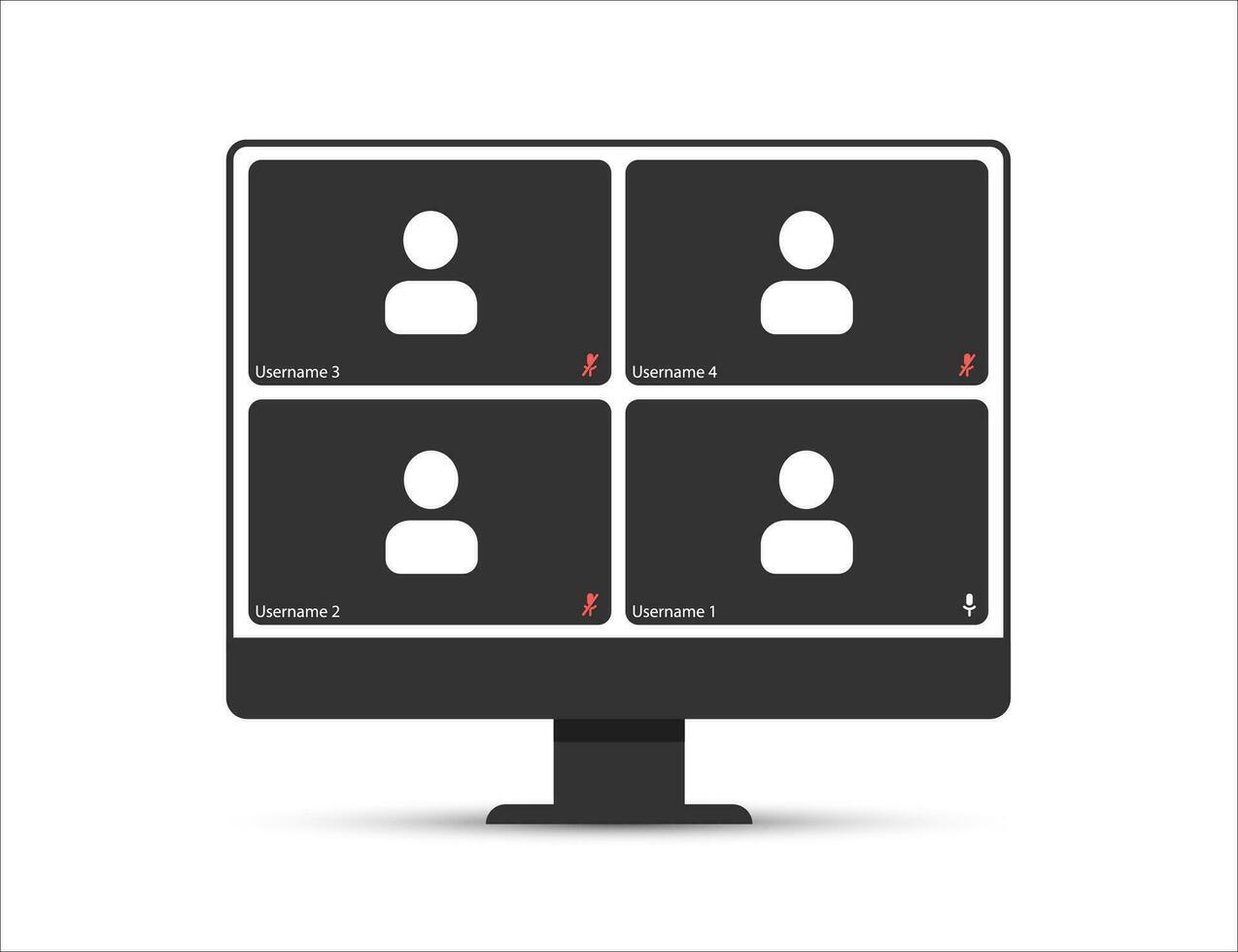 Video conference user interface, video meeting call window overlay. Modern UI template for 4 users. Vector illustration isolated on white background