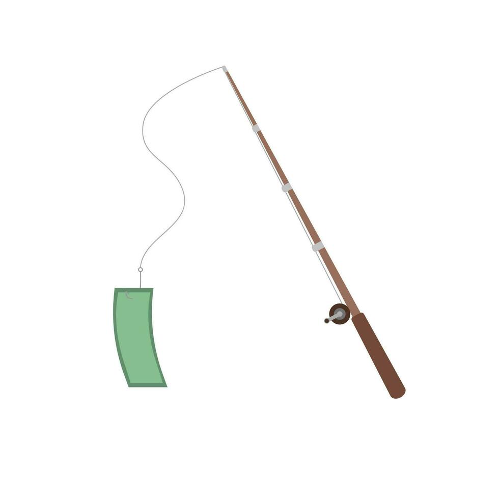 Catching money. The paper bill got caught on the fishing rod. Isolated image on a white background vector