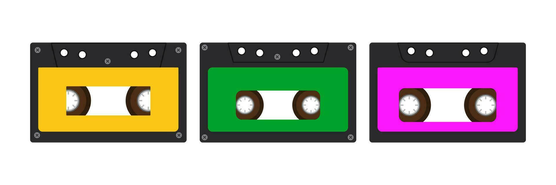 Old-fashioned audio cassettes from the 90s. Bright multi-colored clipart. Ready-made vector illustrations isolated on a white background.