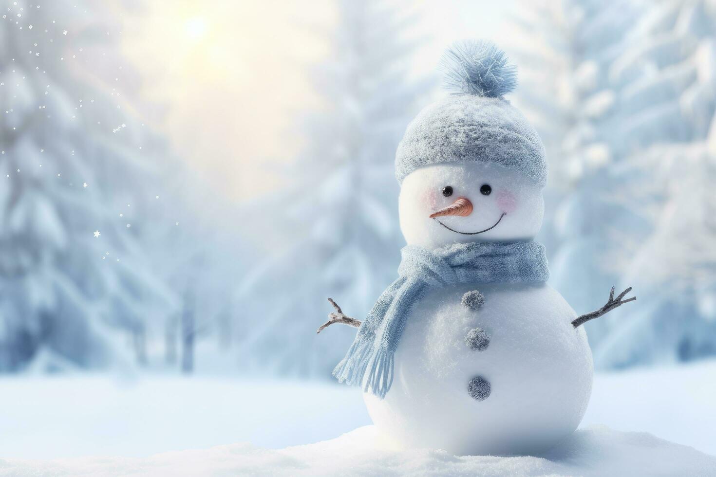 Snowman in the winter forest. Christmas and New Year background, Panoramic view of happy snowman in winter secenery with copy space, AI Generated photo