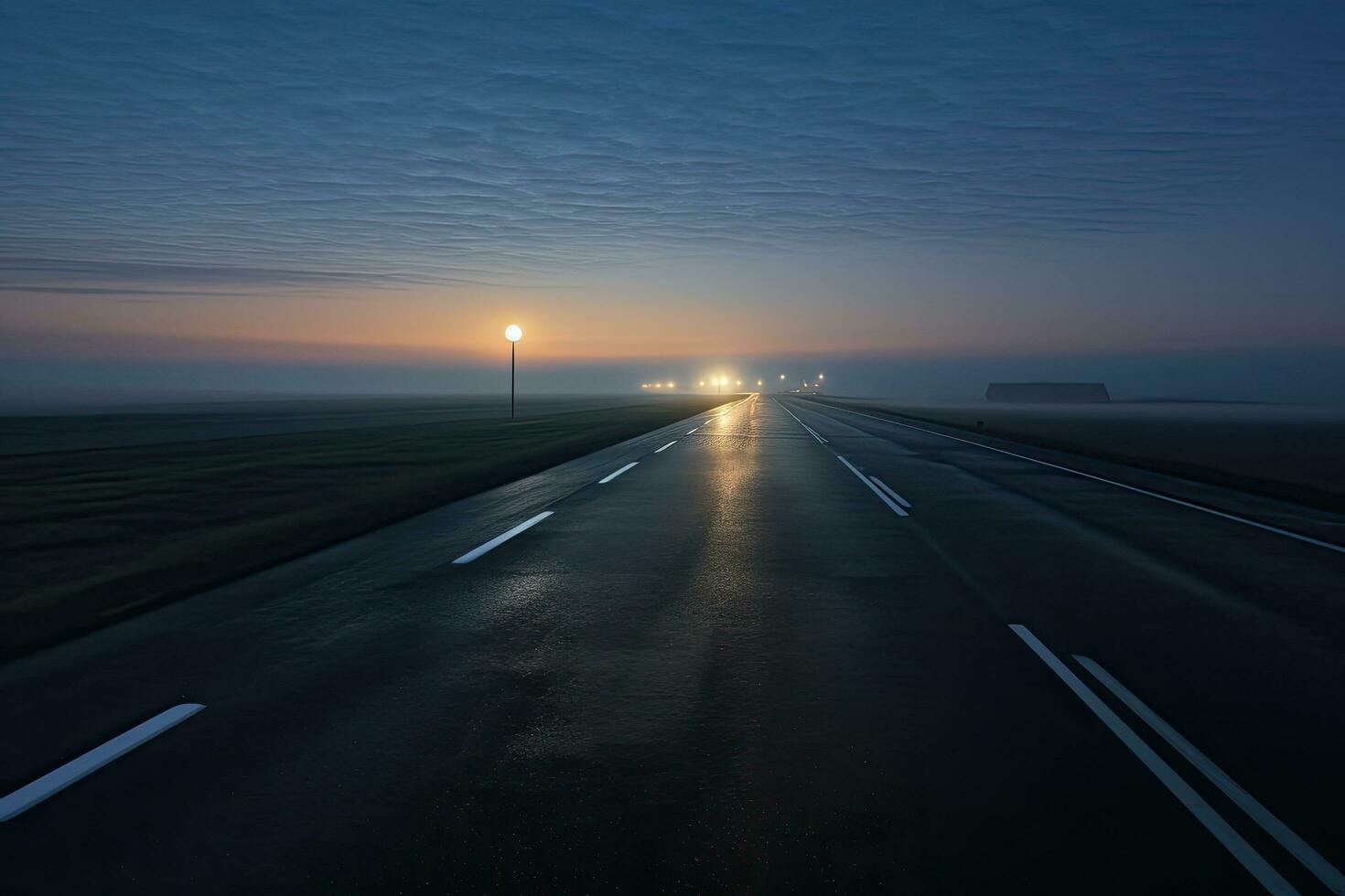 vacío asfalto la carretera mediante el brumoso campos a amanecer. ver desde arriba, panorámico ver de el vacío autopista mediante el campos en un niebla a noche. luz de la luna, claro cielo. amanecer, ai generado foto