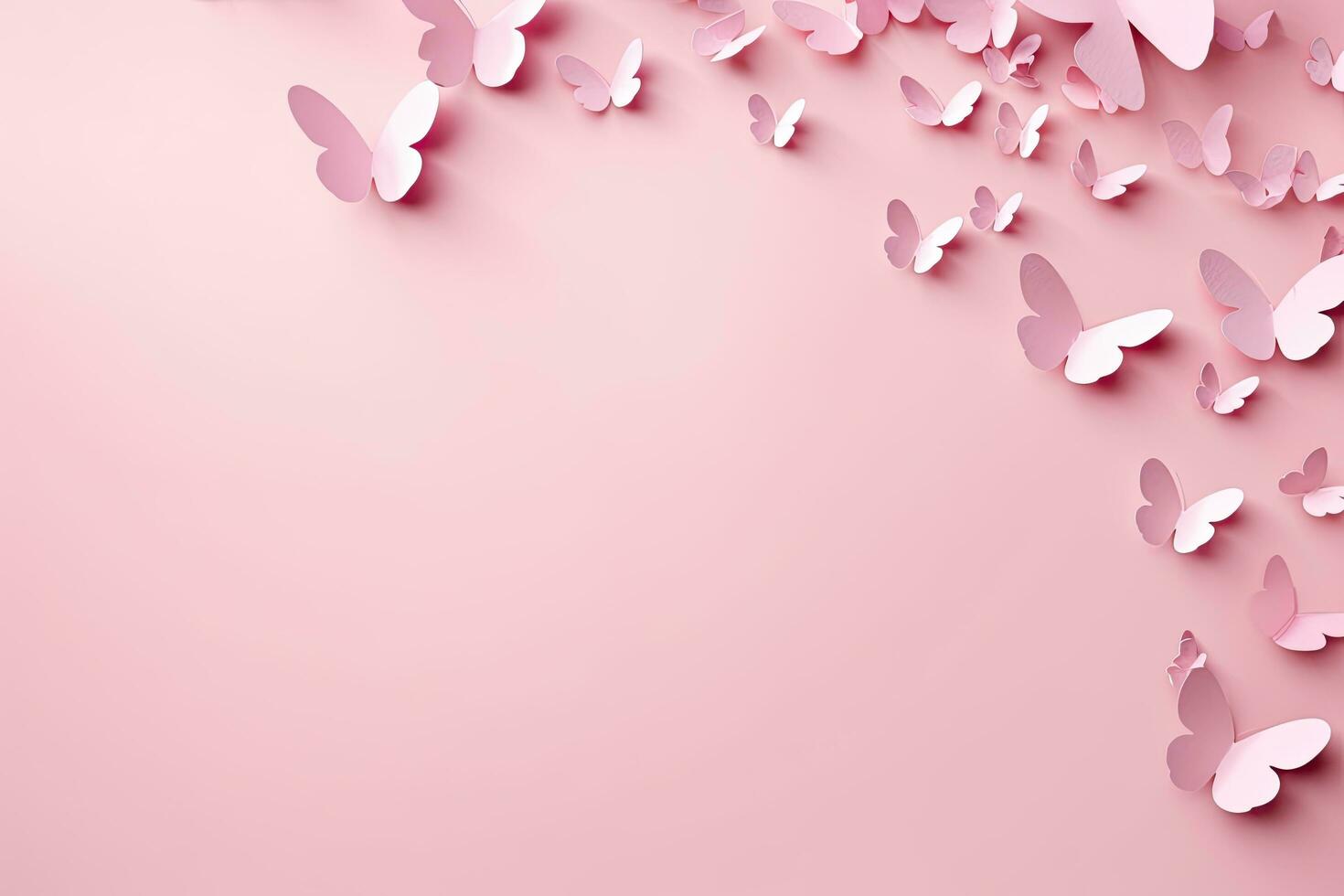 Pink paper butterflies on pink background. Valentine's day concept. 3D Rendering, Paper pink hearts fly on soft pink color background, border, copy space, AI Generated photo