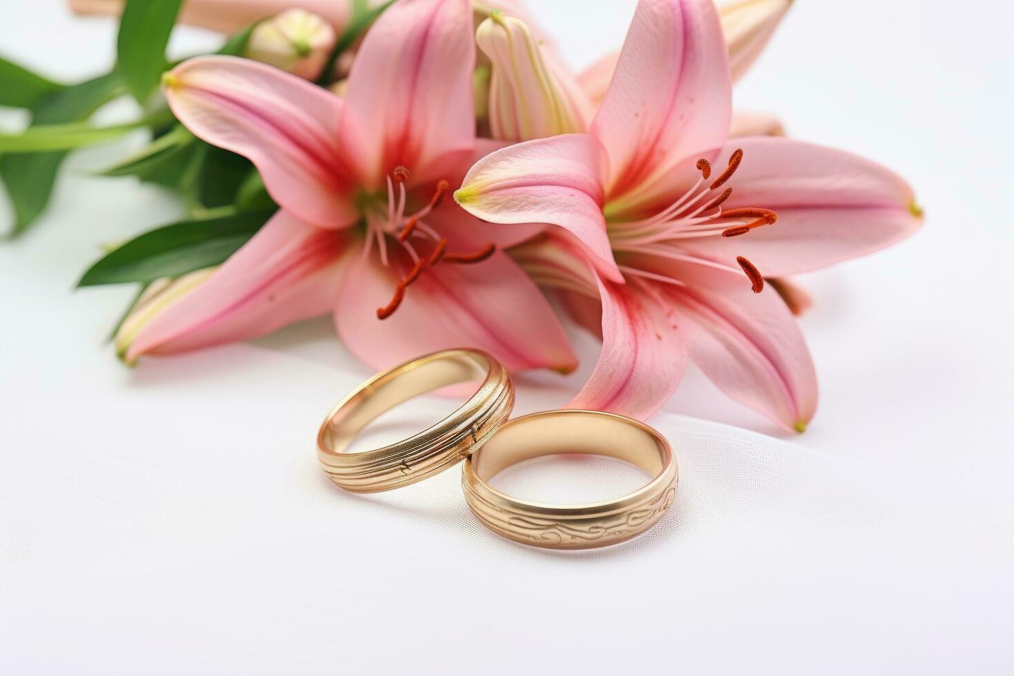 wedding rings and lily flowers on white background, closeupm, Pink flowers and two golden wedding rings on white background, AI Generated photo