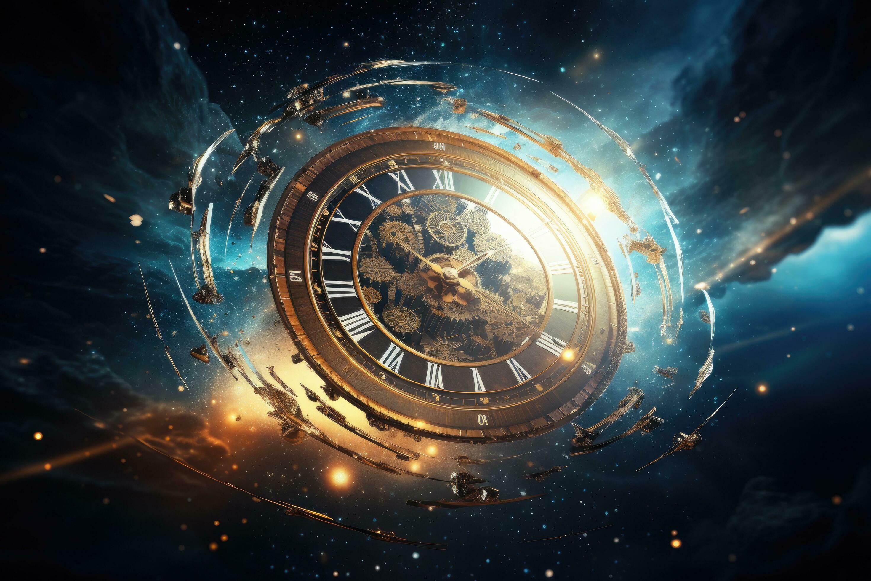 Clock face in space with stars and nebula. 3D rendering, Passage of