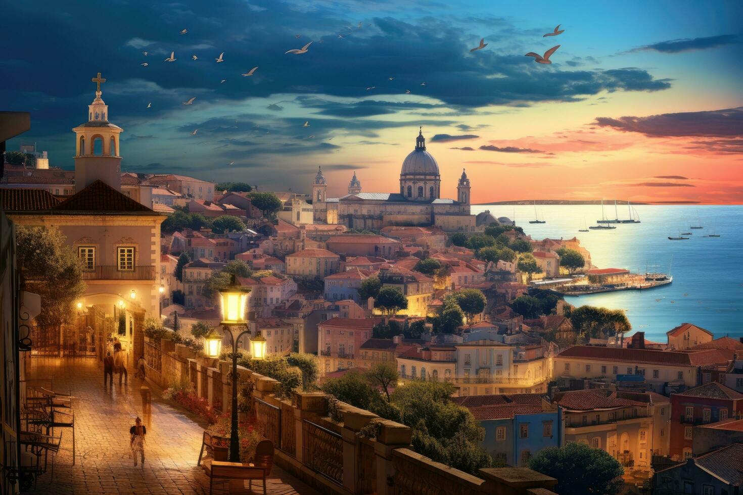 Cityscape of Dubrovnik at sunset, Croatia. HDR image, panorama of the mountains, AI Generated photo