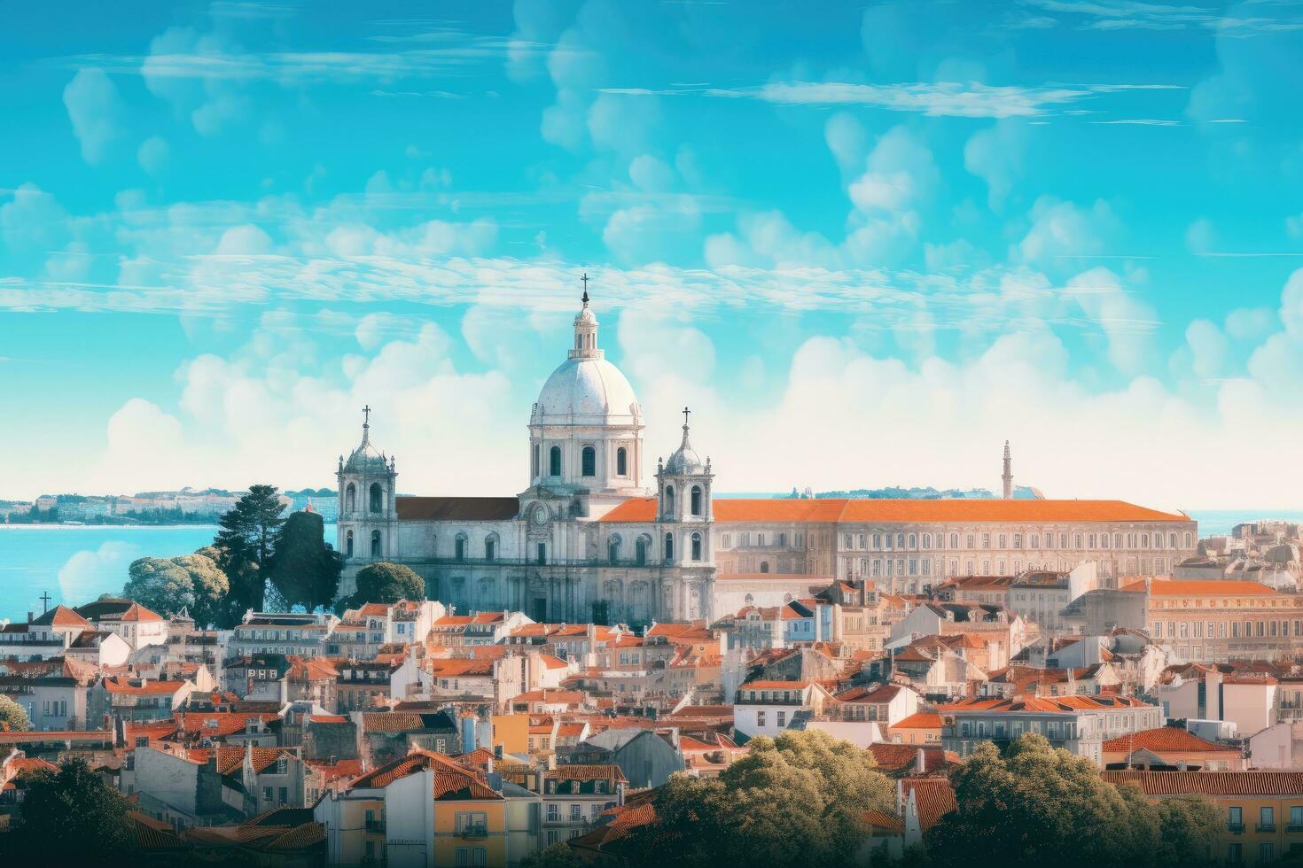 Panoramic view of Lisbon, Portugal, Europe. Mixed media, panorama of the mountains, AI Generated photo