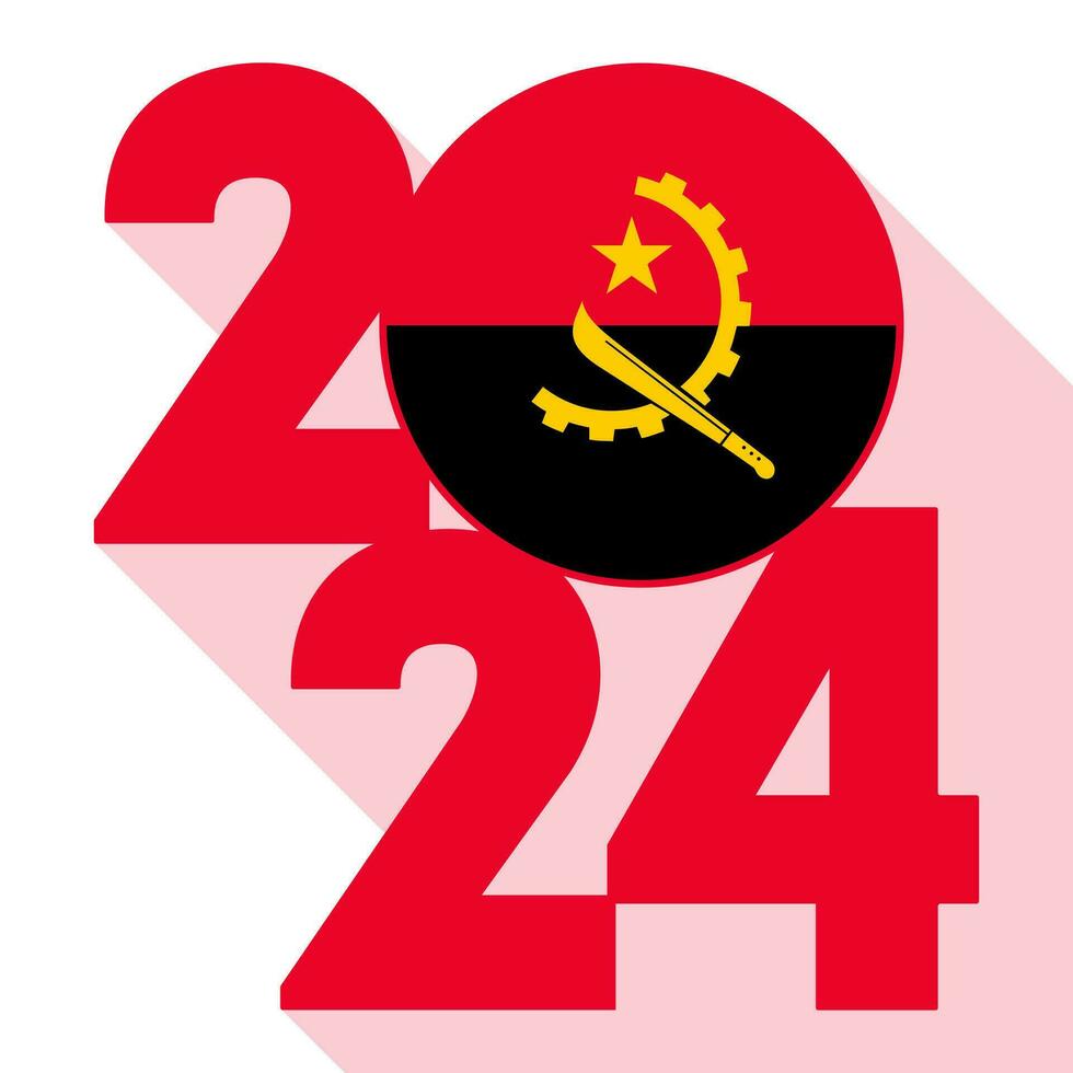 Happy New Year 2024, long shadow banner with Angola flag inside. Vector illustration.