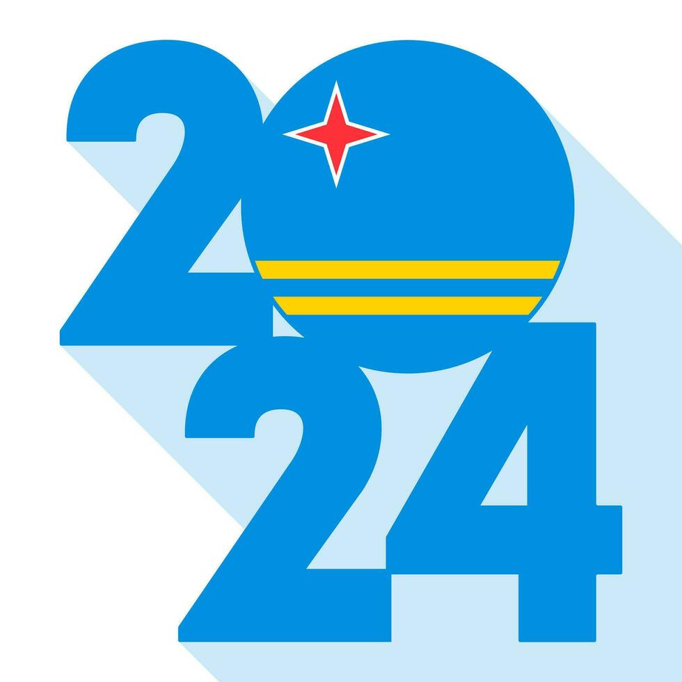 Happy New Year 2024, long shadow banner with Aruba flag inside. Vector illustration.