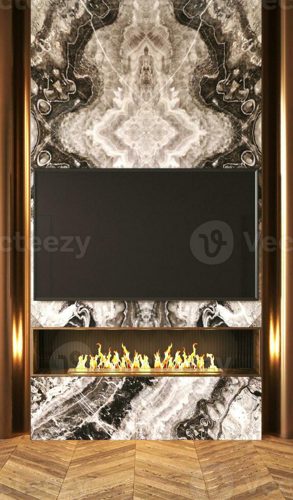 Exquisite interior design with a mesmerizing marble backdrop, accentuated by a modern fireplace beneath a sleek screen. 3d rendering. High quality 3d illustration. photo