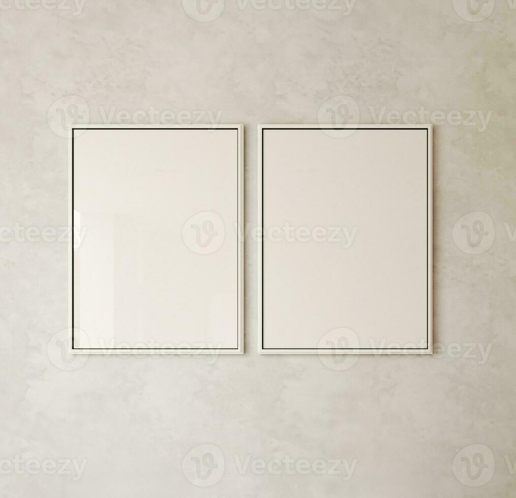 Boho gray empty wall with two picture frame background. Light modern japanese nature view. 3d rendering. High quality 3d illustration photo