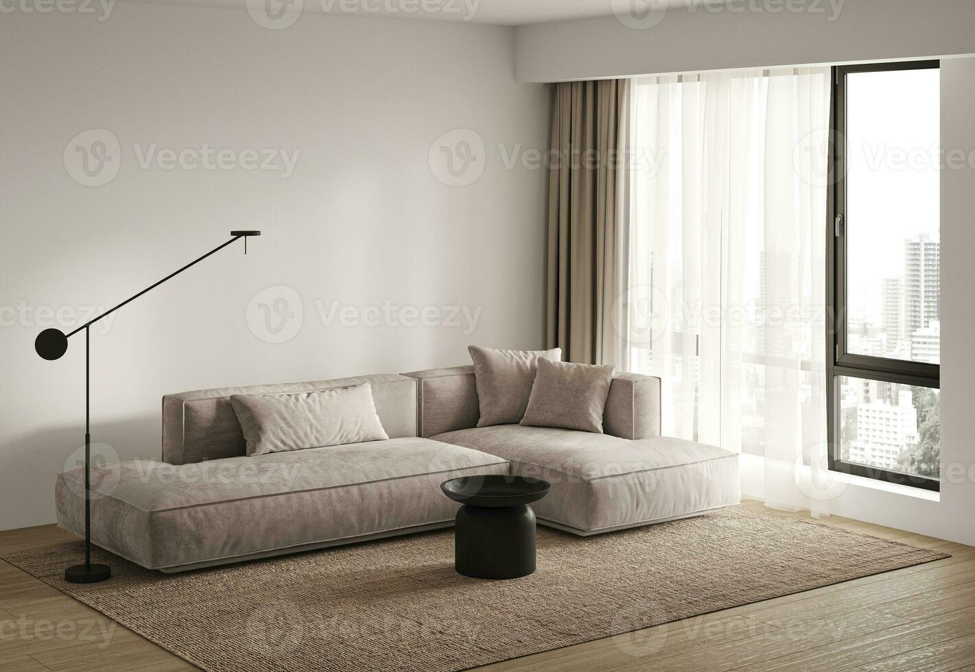 The spacious living room's interior design features a panoramic view, beige tones, and modern decor. 3d rendering. High quality 3d illustration. photo