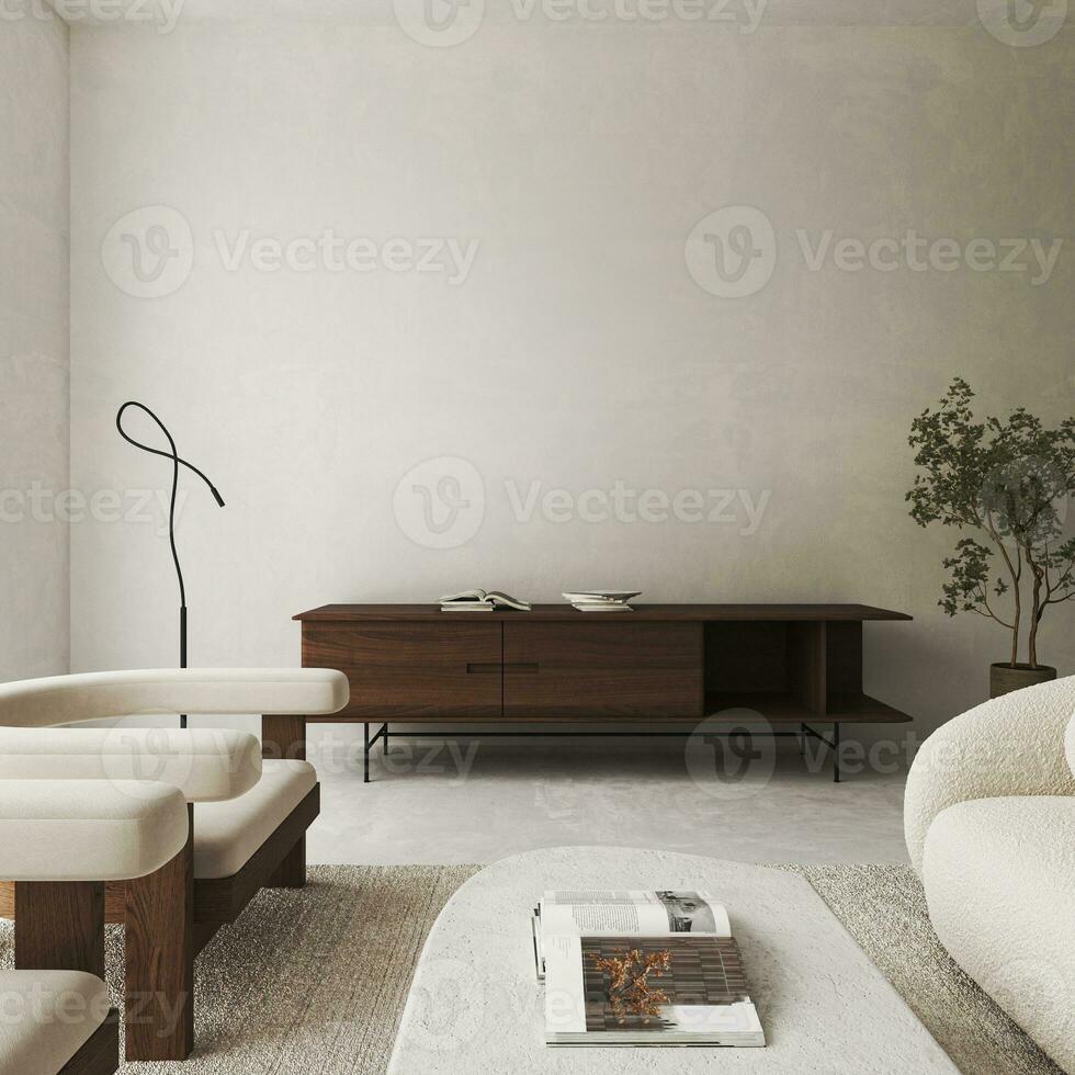 Boho beige livingroom with green plant background. Light modern japanese nature interior. 3d rendering. High quality 3d illustration photo