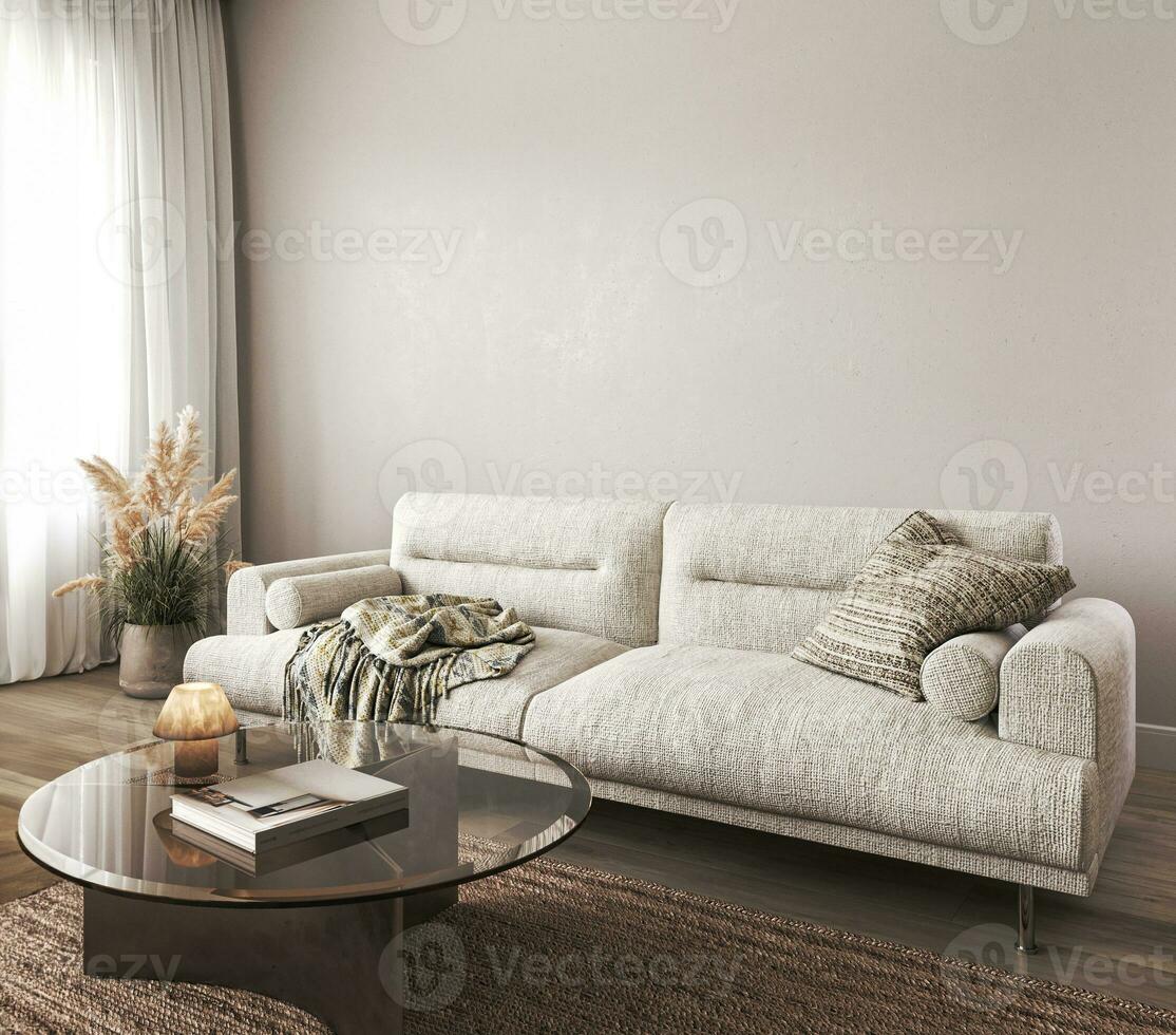 Boho beige livingroom with dry grass plant background. Light modern japanese nature interior. 3d rendering. High quality 3d illustration photo