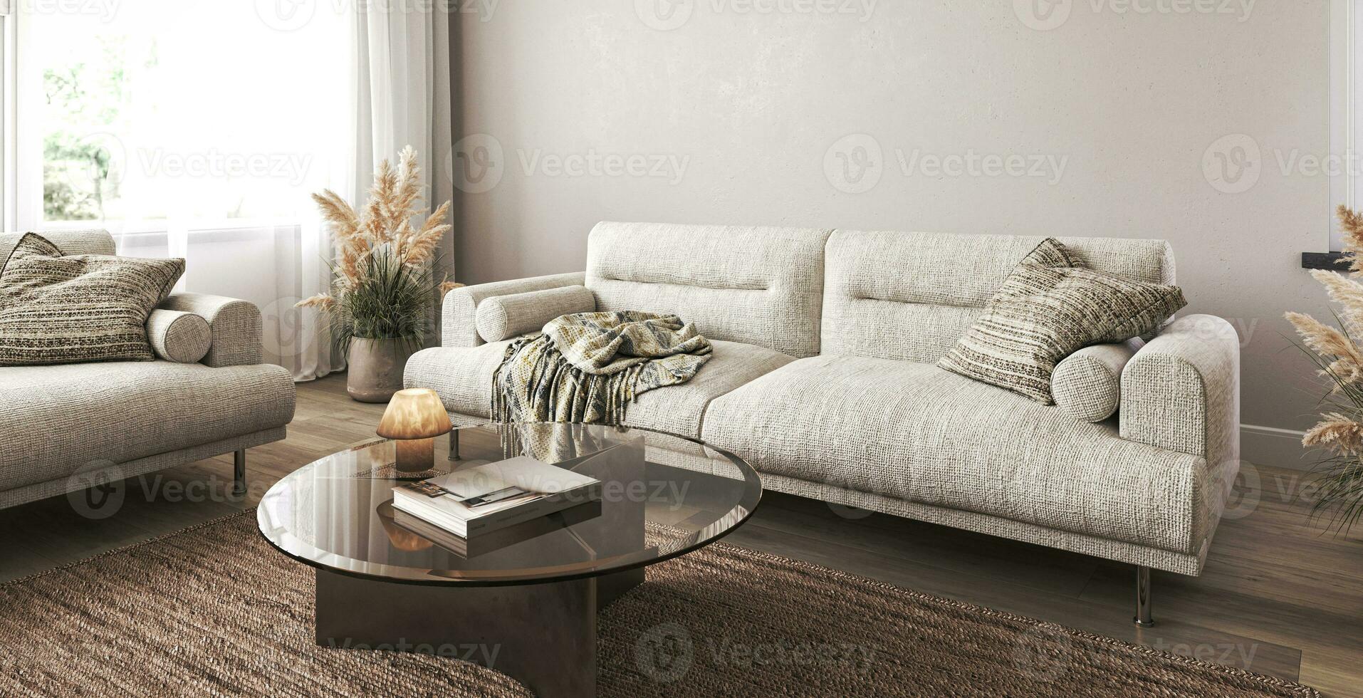 Boho beige livingroom with dry grass plant background. Light modern japanese nature interior. 3d rendering. High quality 3d illustration photo