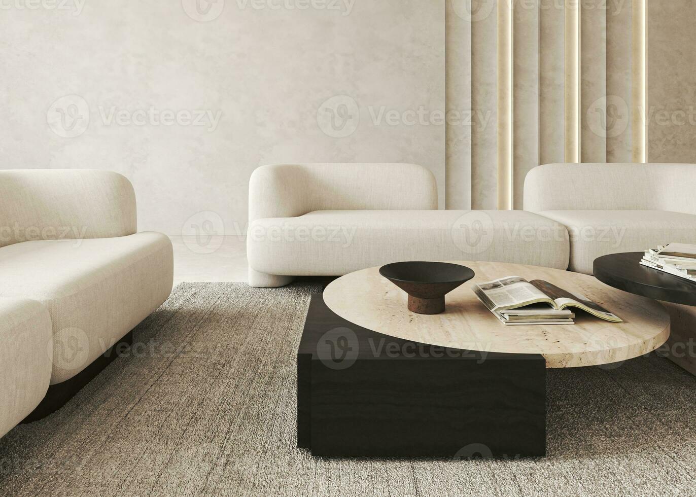 Boho beige livingroom with illuminated panel, book and decor carpet background. Light modern japanese nature view. 3d rendering. High quality 3d illustration photo