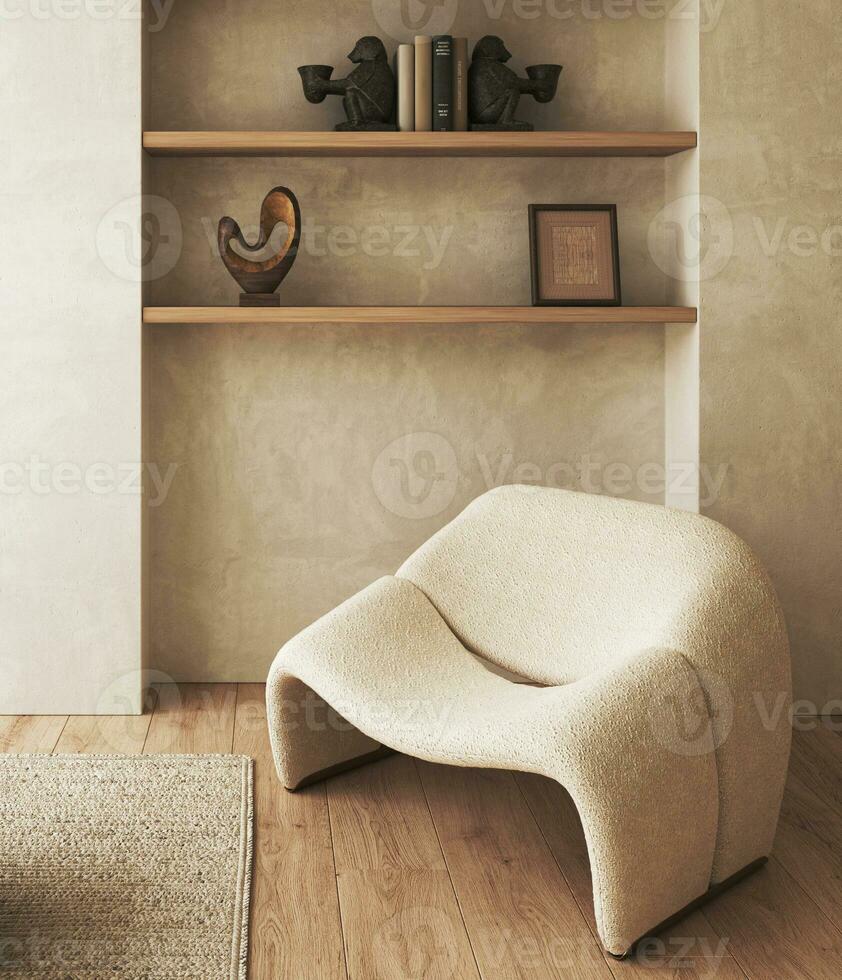 Boho beige livingroom with armchair and shelves with books background. Light modern rustic nature interior. 3d rendering. High quality 3d illustration photo