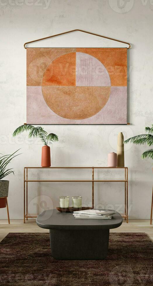 Bohemian stylish living room enriched with natural light, featuring a statement art piece and delicate plants. 3d rendering. High quality 3d illustration. photo