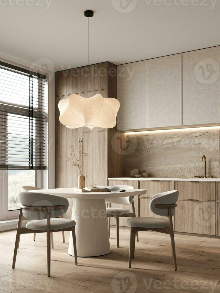 Elegant modern kitchen design with wooden cabinetry, unique light fixture, and marble details. 3d rendering. High quality 3d illustration photo