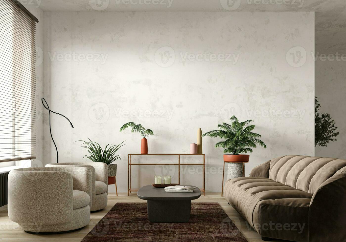 Cozy living room with modern furniture and a minimalist approach, creating a tranquil sanctuary. 3d rendering. High quality 3d illustration photo