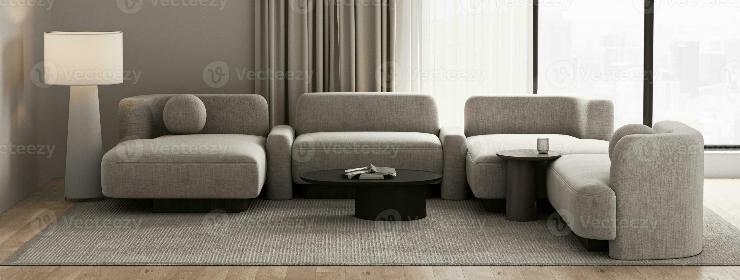 Minimal neutral style livingroom interior design with monochrome sofa and panoramic window. Horizontal banner panoramic background. 3d rendering. High quality 3d illustration photo