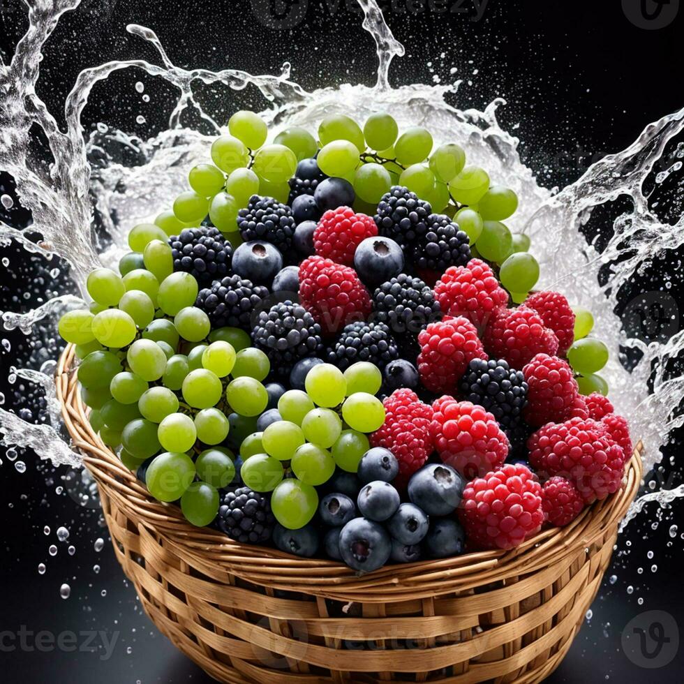 basket full of fruits berries and green grapes explode with huge particles splashing on the air ai generative photo