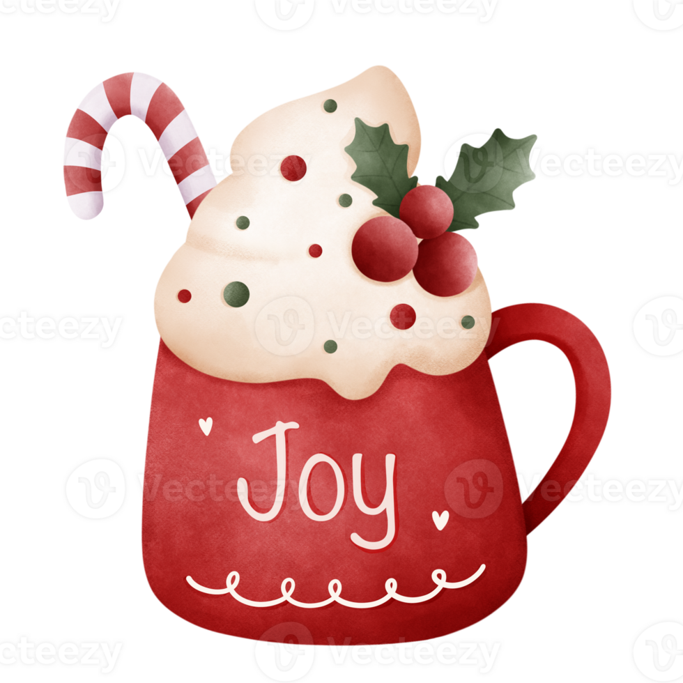 Warm drink topped with cream, candy cane and mistletoe png