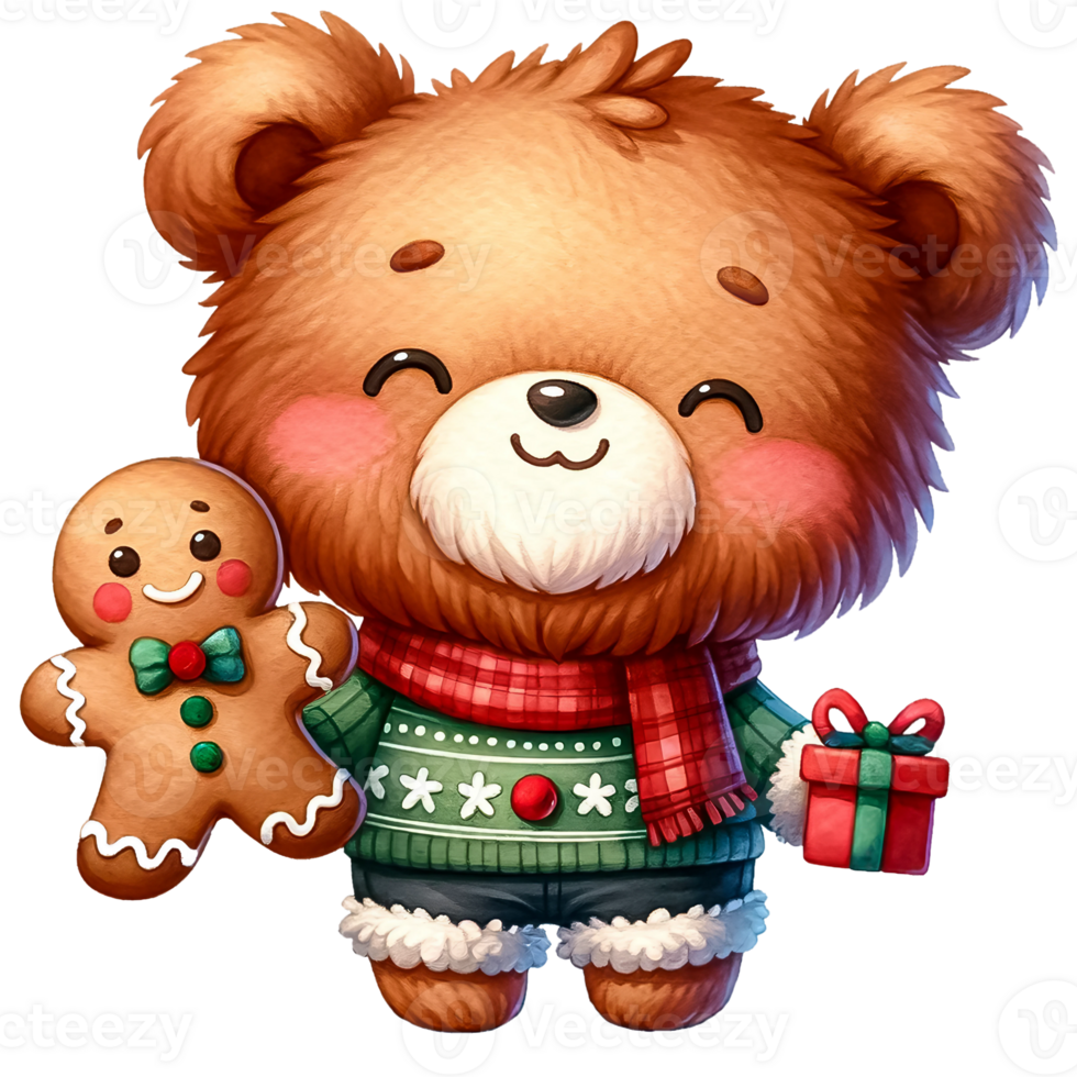 Watercolor Cute Illustration of Christmas Bear AI Generative png