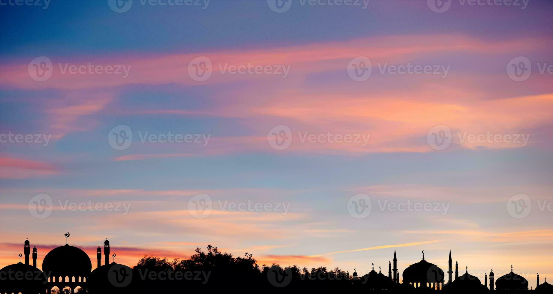 islámico tarjeta con mezquitas cúpula, media luna Luna en puesta de sol cielo, Ramadán noche con crepúsculo oscuridad cielo para islámico religión, eid al-adha, eid mubarak, eid Alabama fitr, ramadán kareem, islámico nuevo año muharram foto