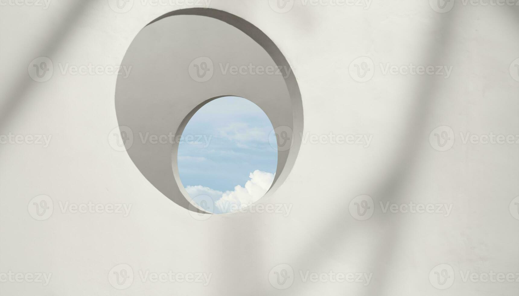 Architecture White Wall concrete texture with open window frame against blue sky and clouds, Exterior Cement wall house with light and shadow leaves, Minimal Modern building with summer sky photo