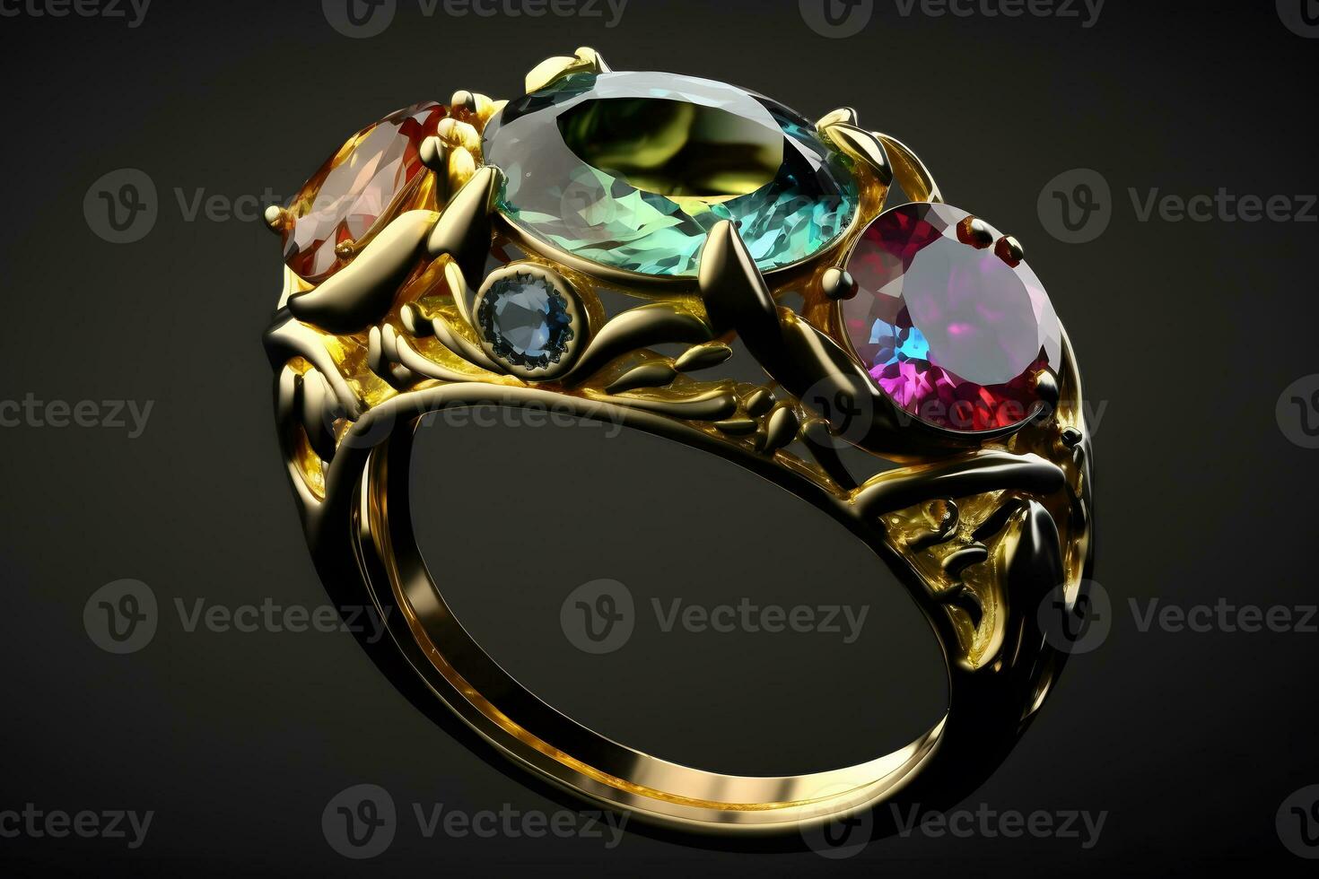 Beautiful ancient golden ring with many various big expensive gemstones and vintage ornament shape. Neural network generated art photo