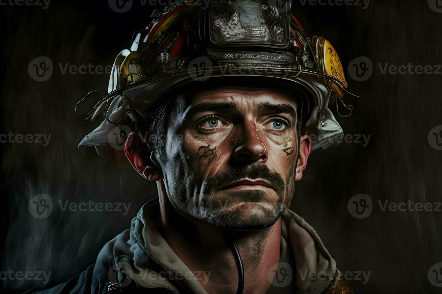 Portrait of firefighter dirty face in special helmet and firefighters uniform. Neural network generated art photo