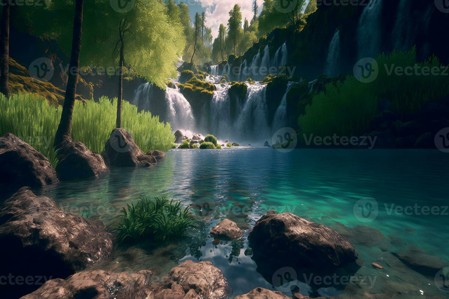 Beautiful landscape with big waterfall in sunny summertime. Neural network generated art photo