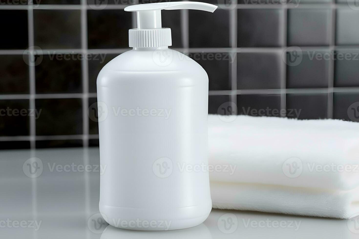 White cosmetic shampoo dispenser bottle mockup. Neural network AI generated photo