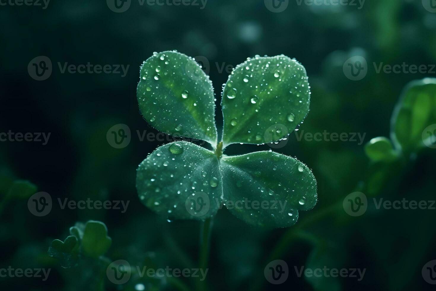 Four-leaf clover with drops. Neural network AI generated photo