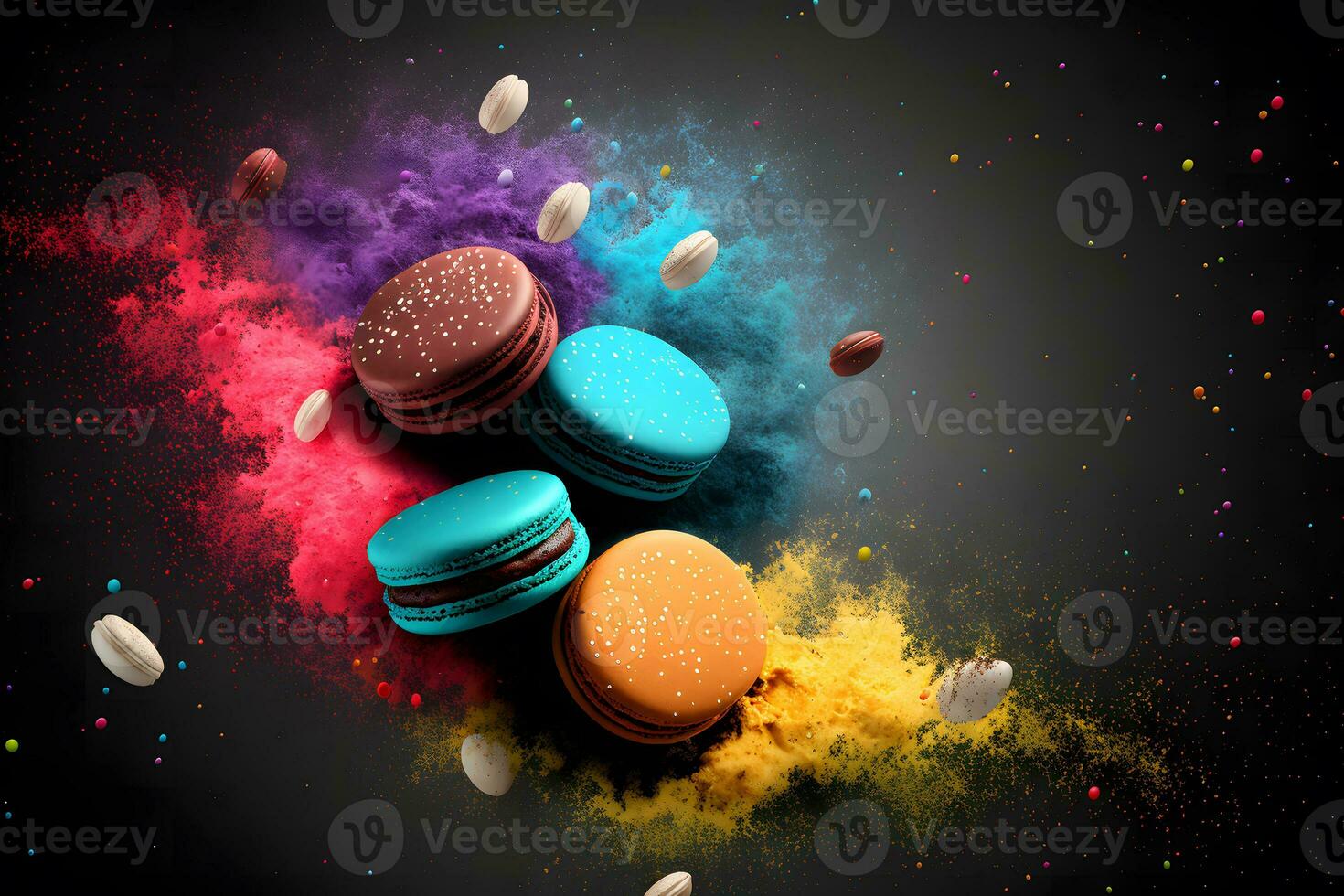 Colorful macarons with sugar powder explosion moment on black background. Neural network generated art photo