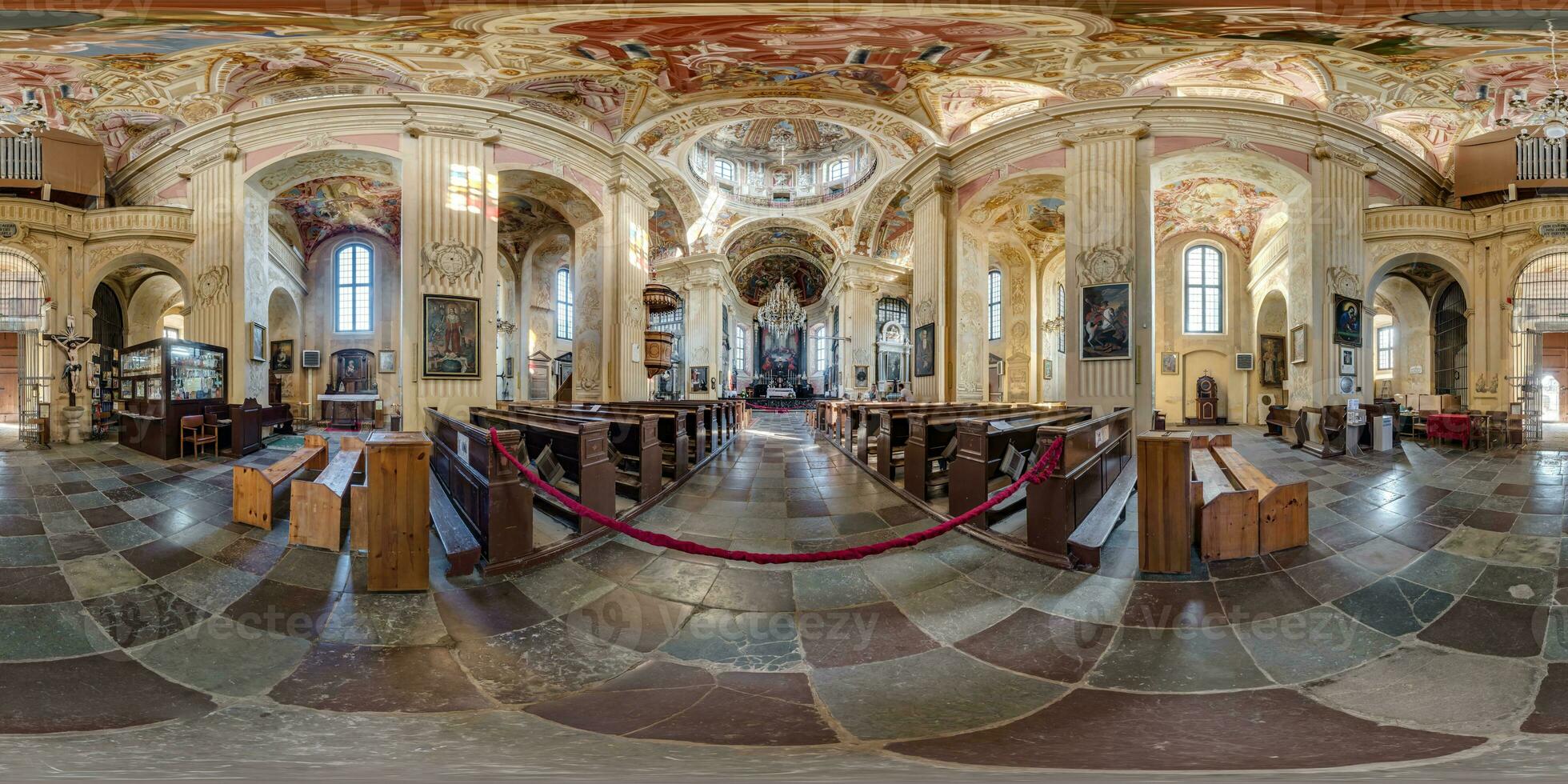 spherical seamless hdri 360 panorama inside of catholic church, architectural monument of mannerism and baroque with arches and frescoes in equirectangular projection photo