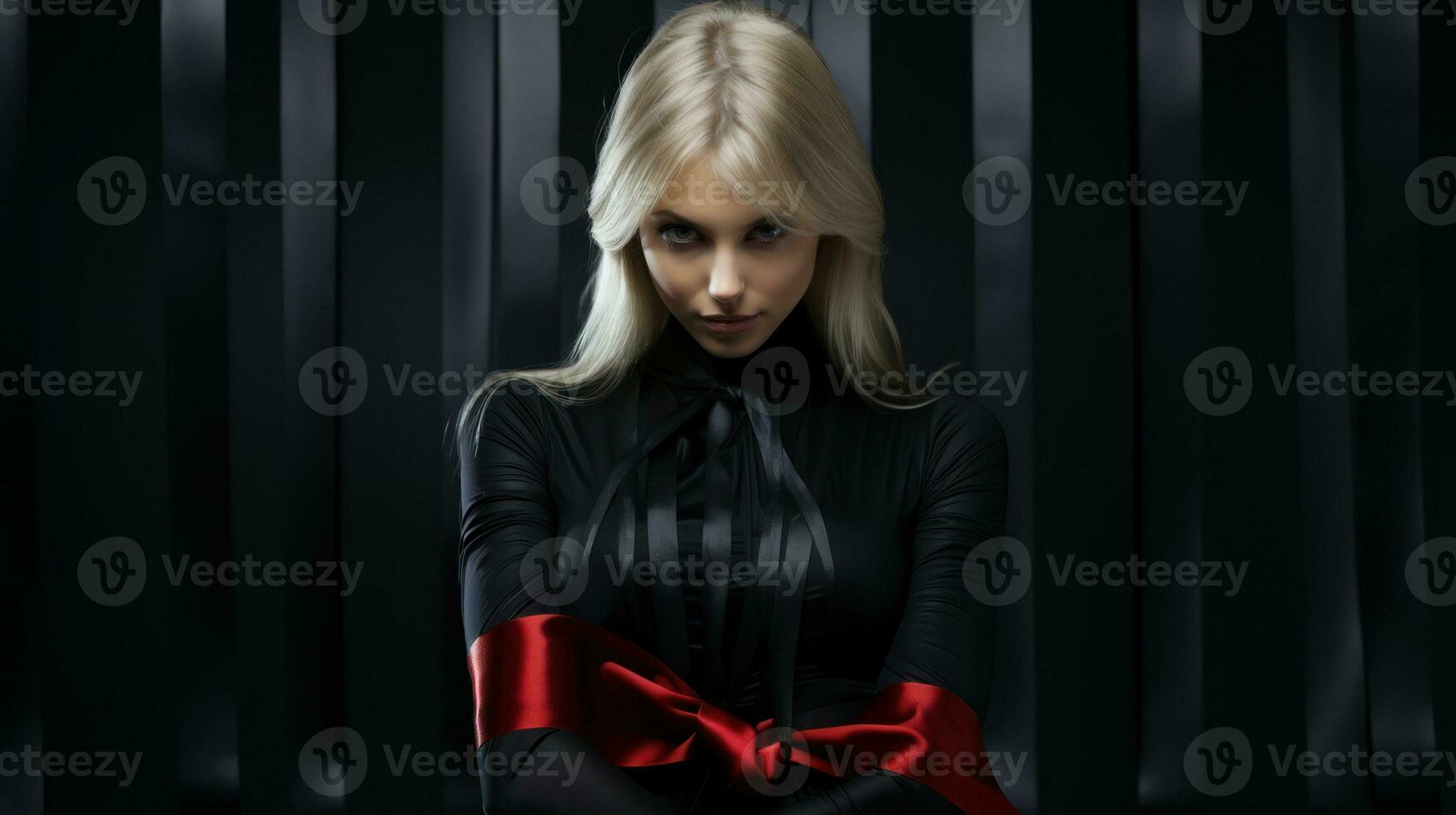 yo a.m tu secreto sexual Sueños, presente y regalo. retrato de un sexy rubia mujer en un negro vestir con un rojo arco. foto