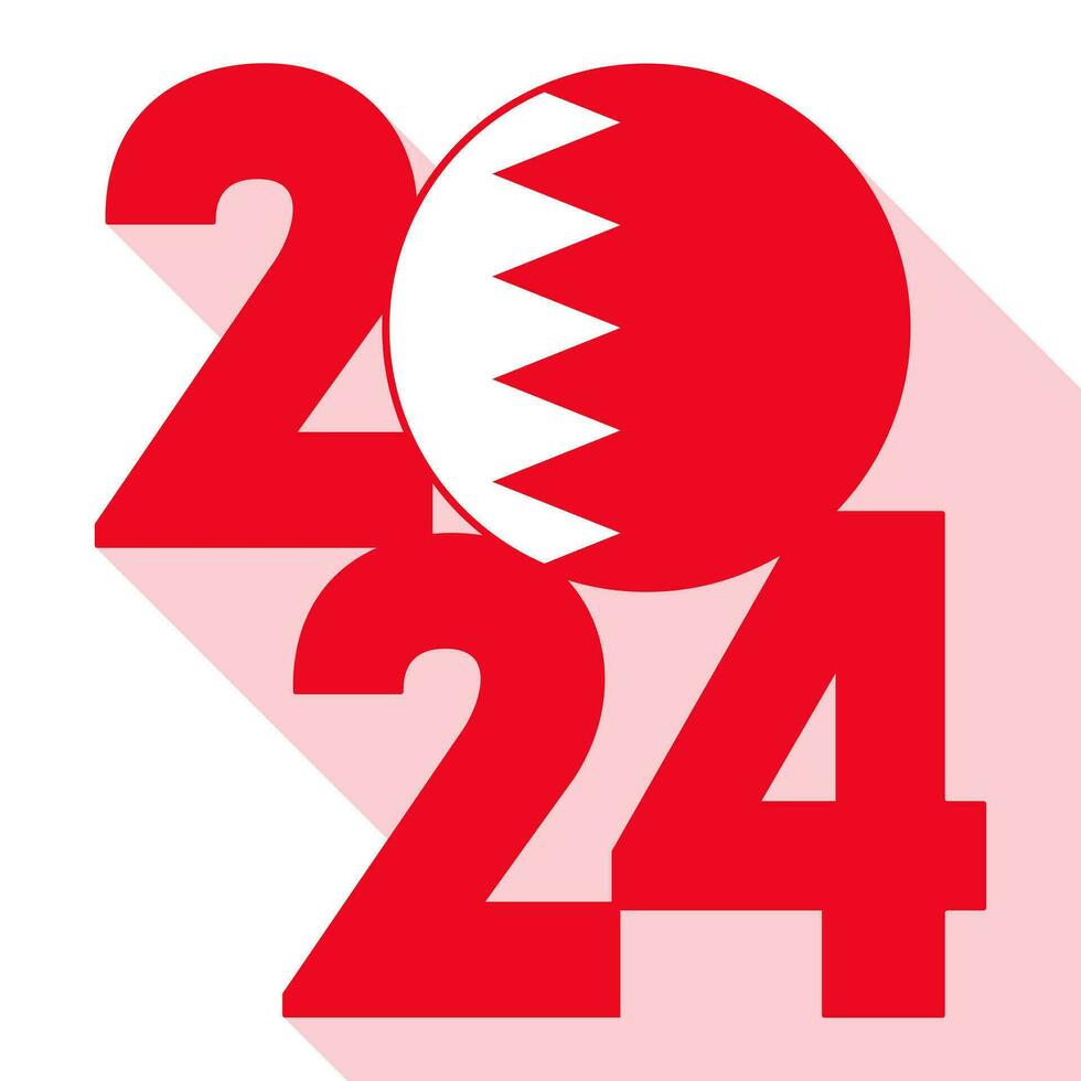 Happy New Year 2024, long shadow banner with Bahrain flag inside. Vector illustration.