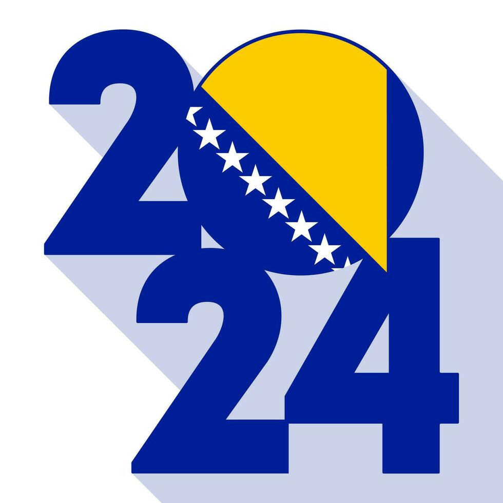 Happy New Year 2024, long shadow banner with Bosnia and Herzegovina flag inside. Vector illustration.