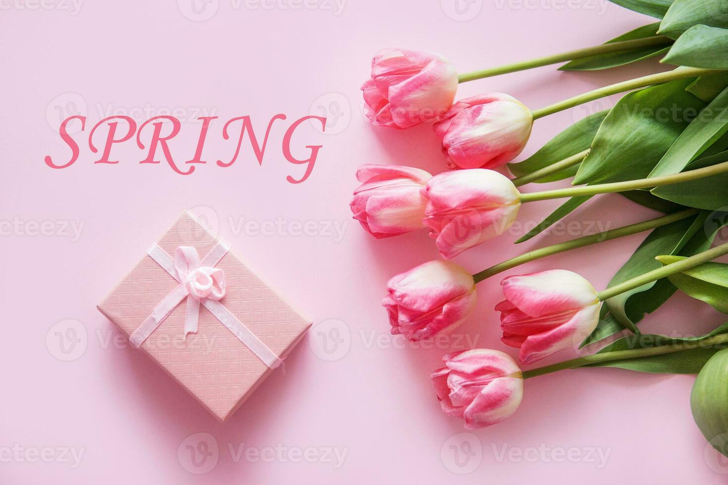 Pink Tulip flowers are arranged on a pink background. The view from the top, flat lay. Empty space for the text. Spring concept. Women's day. Mother's day. photo