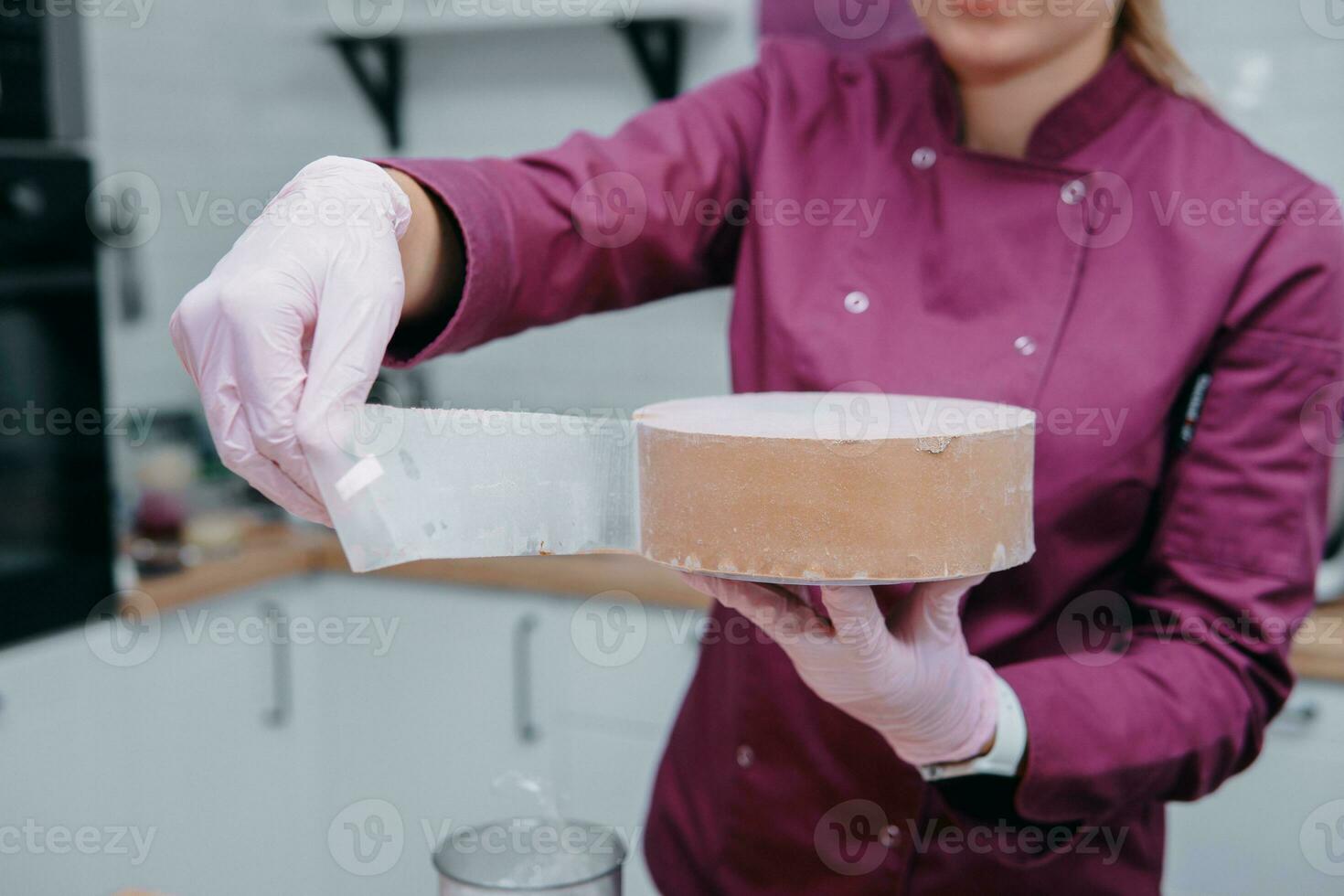 Cooking mousse cake at a cooking class. Cooking at home, home-made food. Confectioner photo