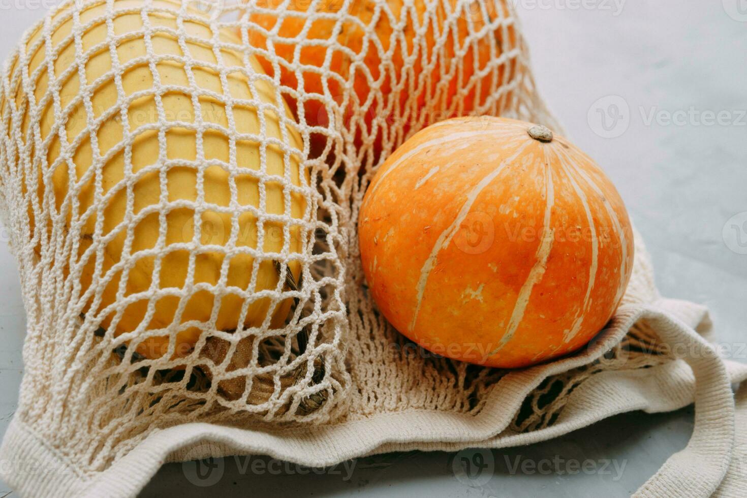 Mesh shopping bag with vegetables. Autumn pumpkin harvest photo