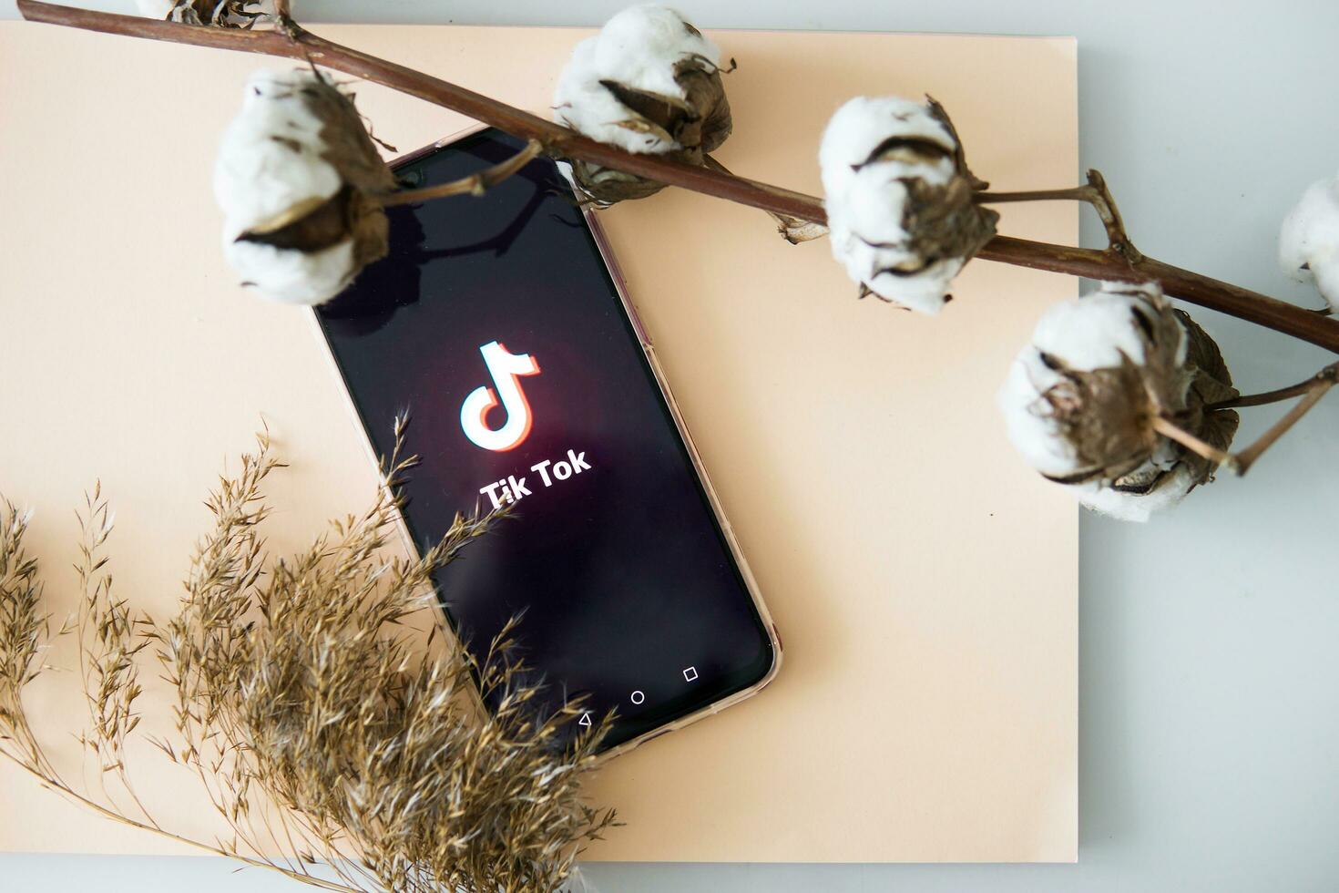 ver, rusia-abril 9, 2020, el tik tok logo en el teléfono inteligente pantalla en un beige antecedentes con algodón. tic-tac icono. logo de el Actual aplicación Tik Tok social red. foto